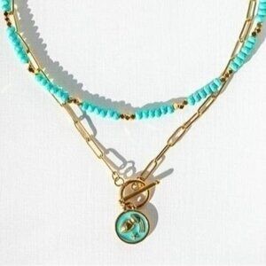 BUNDLE Layered Necklaces Zodiac Pendant Waterproof Gold Toggle Clasp & Turquoise